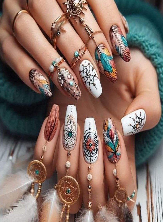 TBRZTR Press on Nails Medium Coluful Feather False Nails Cute Wind Chimes Pattern Design Ballet Shaped Nails Artificial Coffin Nails Full Cover Stick on Nails Glossy Accrylic Glue on Nails for Women - Image 1